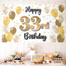 LASKYER Tillykke med den 33. f?dselsdag Dekorationer 33. Guldballon Stor f?dselsdagsbanner Baggrundsskilt 33 ?r gammel Bday Party Supplies.
