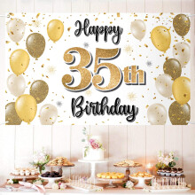 LASKYER Happy 35th Birthday Decorations 35th Gold Balloon Large Birthday Banner Backdrop Sign 35 Years Old Bday Party Supplies.