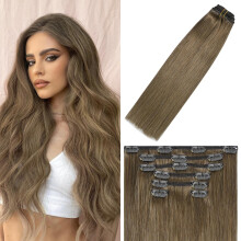 WindTouch Clip in Hiustenpidennykset Real Human Hair Pitkät 22 tuuman Hiusklipsi pidennykset #8 Ash Brown 75g 7PCS Ruskeat pidennykset