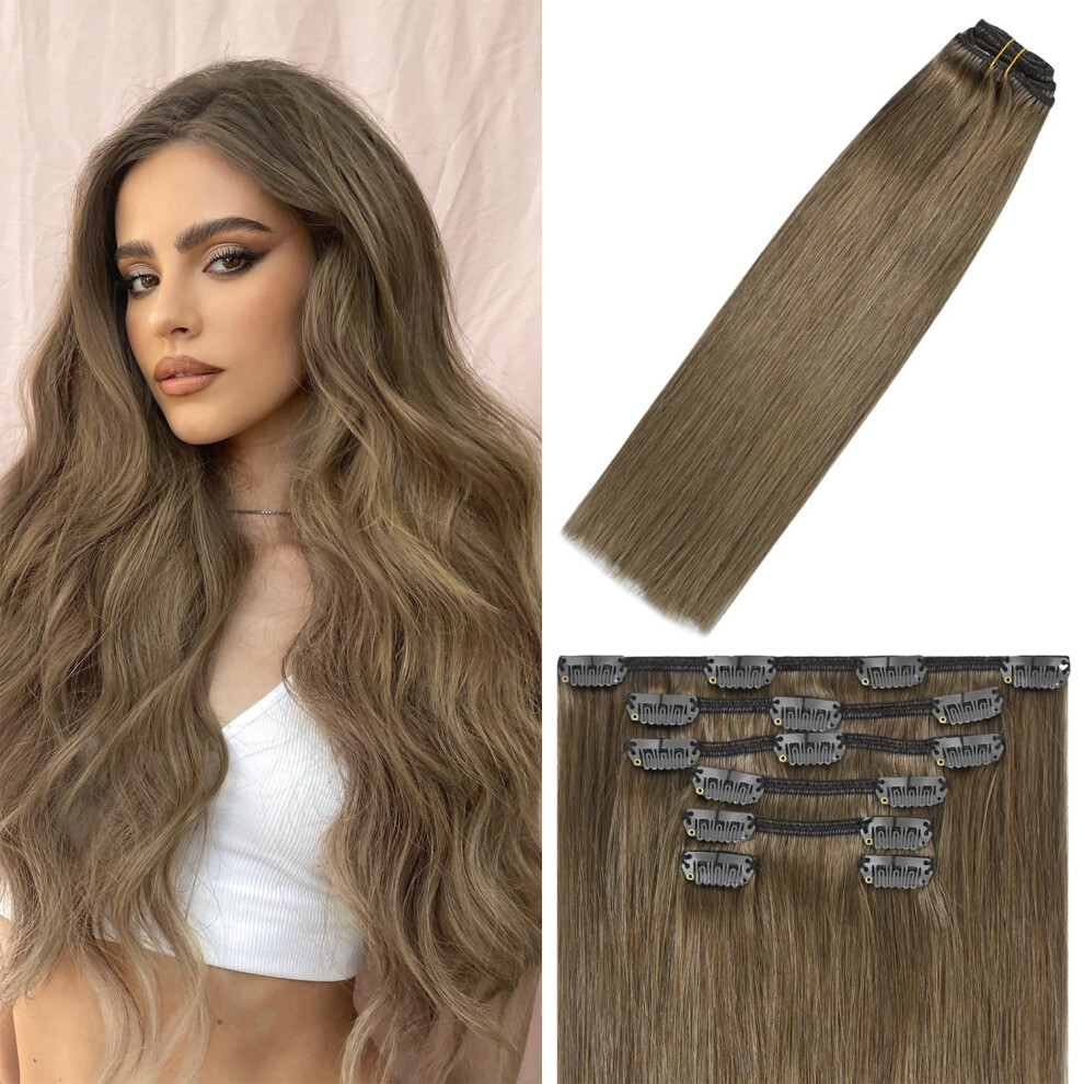 Windtouch Unisex Brown Clip In Hair Extensions Human Hair Ash 18Inch 75G #8 7Pcs Hair Extensions For Women For Hair Remy Hair