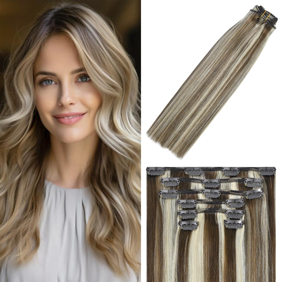 Windtouch Unisex Brown Clip In Hair Extensions Human Hair Medium To Blonde Balayage Highlights For Remy Hair 18Inch 75G #4P613 7Pcs