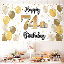 LASKYER Happy 74th Birthday Dekorationer 74th Gold Balloon Large Birthday Banner Backdrop Sign 74 Years Old Bday Party Supplies.