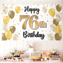 LASKYER Happy 76th Birthday Dekorationer 76th Gold Balloon Large Birthday Banner Backdrop Sign 76 Years Old Bday Party Supplies.