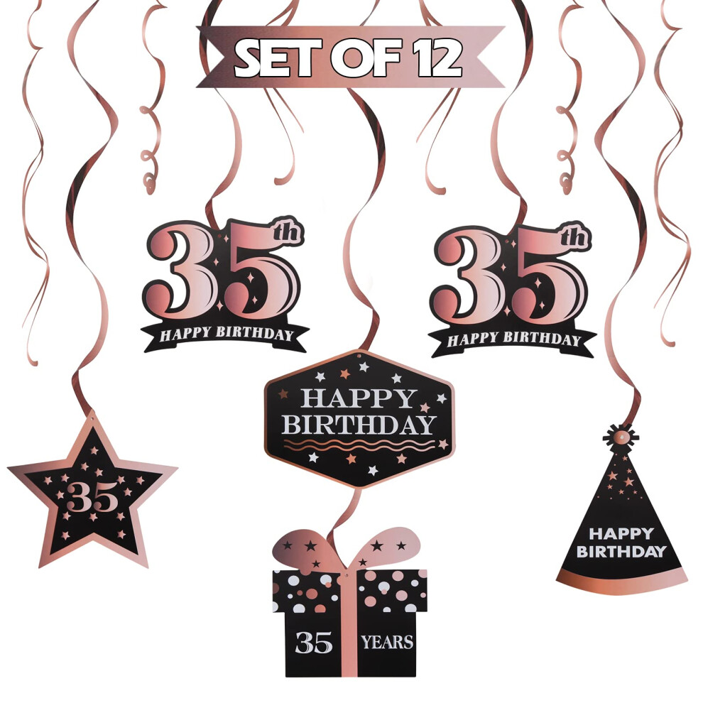 Lingteer Wszystkiego Najlepszego Z Okazji 35. Urodzin Dekoracje - 12 Szt. Urodzinowe Czarno-Rzowe Zlote Foliowe Wiry Zestaw Streamerw Pozdrawia-image