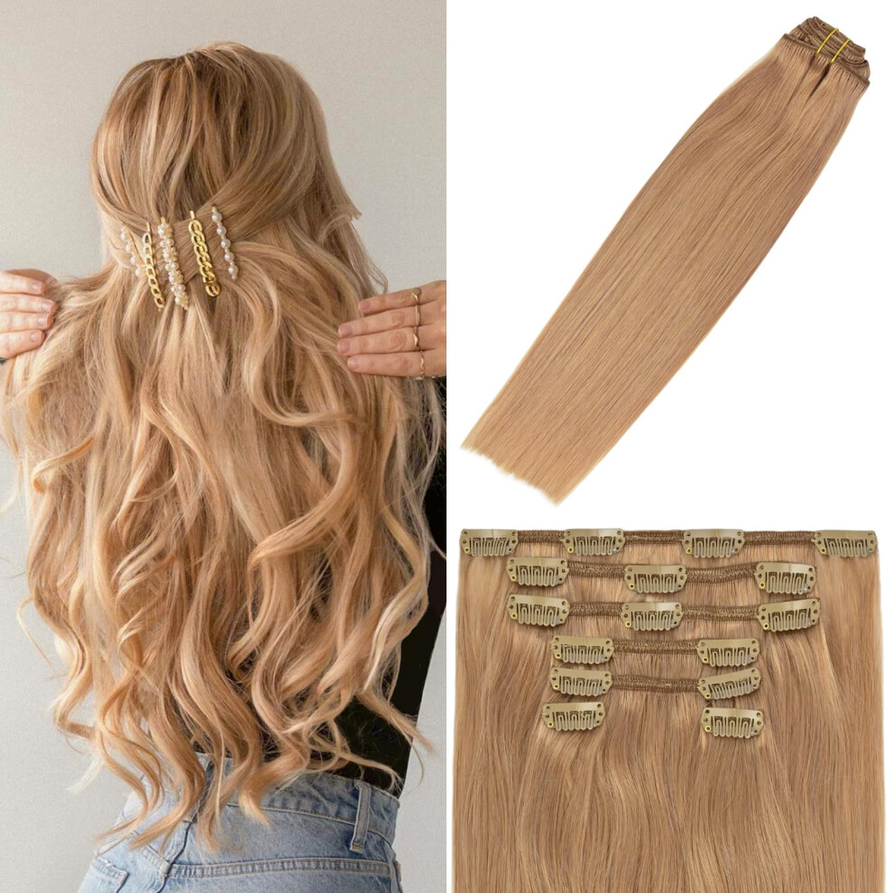 Windtouch Unisex Clip In Hair Extensions Real Human Hair Blonde Clip In Hair Extensions 18Inch 7Pcs 75G #12 Reddish Blonde Extensions Real Human Hair