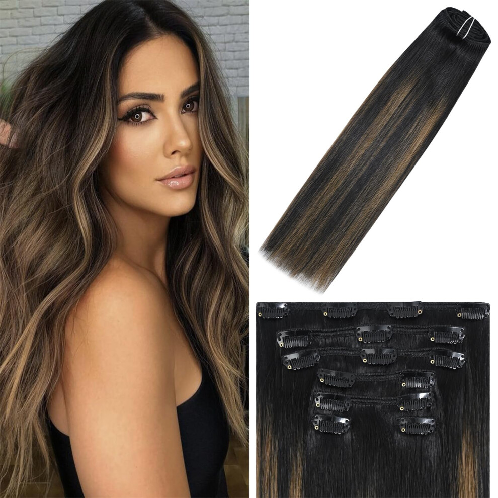 Windtouch Unisex Black,Brown Clip In Hair Extensions Human Hair Balayage Natural Black To Chestnut Brown Highlights For Black Hair 75G 22Inch 7Pcs #1Bt6p1b