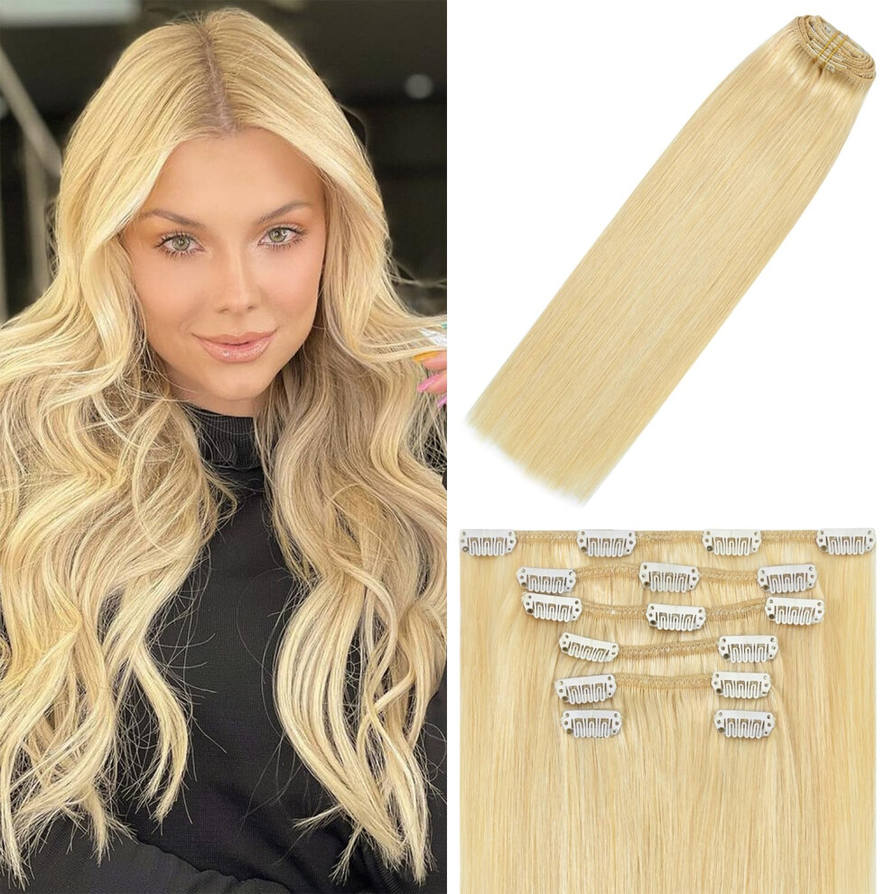Windtouch Unisex Clip In Hair Extensions Bleached Blonde For Women 20Inch Soft Human Remy Hair Extensions Clip Ins 9A Grade #613 75G 7Pcs