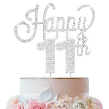 LINGTEER Tillykke med 11-?rs f?dselsdagen S?lv Rhinestone Cake Topper - Cheers to 11th Birthday Elleve ?r gammel Fest Kage Centerpieces Topper De