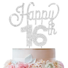 LINGTEER Tillykke med 16-?rs f?dselsdagen S?lv Rhinestone Cake Topper - Cheers to 16th Birthday Seksten ?r gammel Fest Kage Centerpieces Topper D