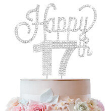 LINGTEER Tillykke med 17-?rs f?dselsdagen S?lv Rhinestone Cake Topper - Cheers to 17th Birthday Sytten ?r gammel Party Cake Centerpieces Topper D