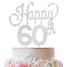 LINGTEER Tillykke med 60 ?rs f?dselsdagen S?lv Rhinestone Cake Topper - Cheers to 60th Birthday Tres ?r gammel Jubil?umsfest Kage Centerpieces To