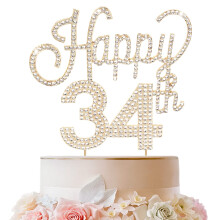 LINGTEER Happy 34th Birthday Gold Rhinestone Cake Topper - Cheers to 34th Birthday 34 Years Old Anniversary Party Cage Centerpieces Topper Decora