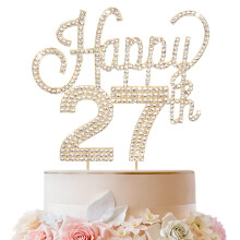 LINGTEER Tillykke med 27 ?rs f?dselsdag Guld Rhinestone Cake Topper - Cheers to 27th Birthday 27 ?rs jubil?umsfest Kage Centerpieces Topper Dekor