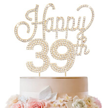 LINGTEER Happy 39th Birthday Gold Rhinestone Cake Topper - Cheers to 39th Birthday 39 Years Old Anniversary Party Cage Centerpieces Topper Decora
