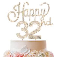 LINGTEER Tillykke med den 32. f?dselsdag Guld Rhinestone Cake Topper - Cheers to 32th Birthday 32 ?rs jubil?umsfest Kage Centerpieces Topper Deko