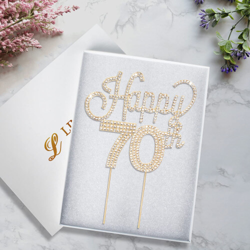 Lingteer Happy 70th Birthday Gold Rhinestone Cake Topper Cheers To