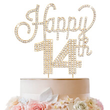 LINGTEER Tillykke med 14-?rs f?dselsdagen Guld Rhinestone Cake Topper - Cheers to 14th Birthday Fjorten Years Old Party Cage Centerpieces Topper