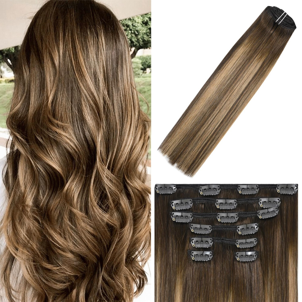 Windtouch Unisex Brown Clip In Hair Extensions Remy Hair Chocolate To Dark Blonde Ombre 20Inch 75G Human Clip Ins #4T27p4 7Pcs