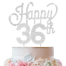 LINGTEER Tillykke med 36-?rs f?dselsdagen S?lv Rhinestone Cake Topper - Cheers to 36th Birthday 36-?rs jubil?umsfest Kage Centerpieces Topper Dek