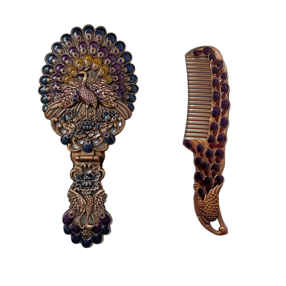 Rayberro Vintage Handheld Mirror With Comb Set Metal Embossed Peacock Vintage Hand Mirror Face Beauty Makeup Mirror Foldable Personal Cosmetic Mirr