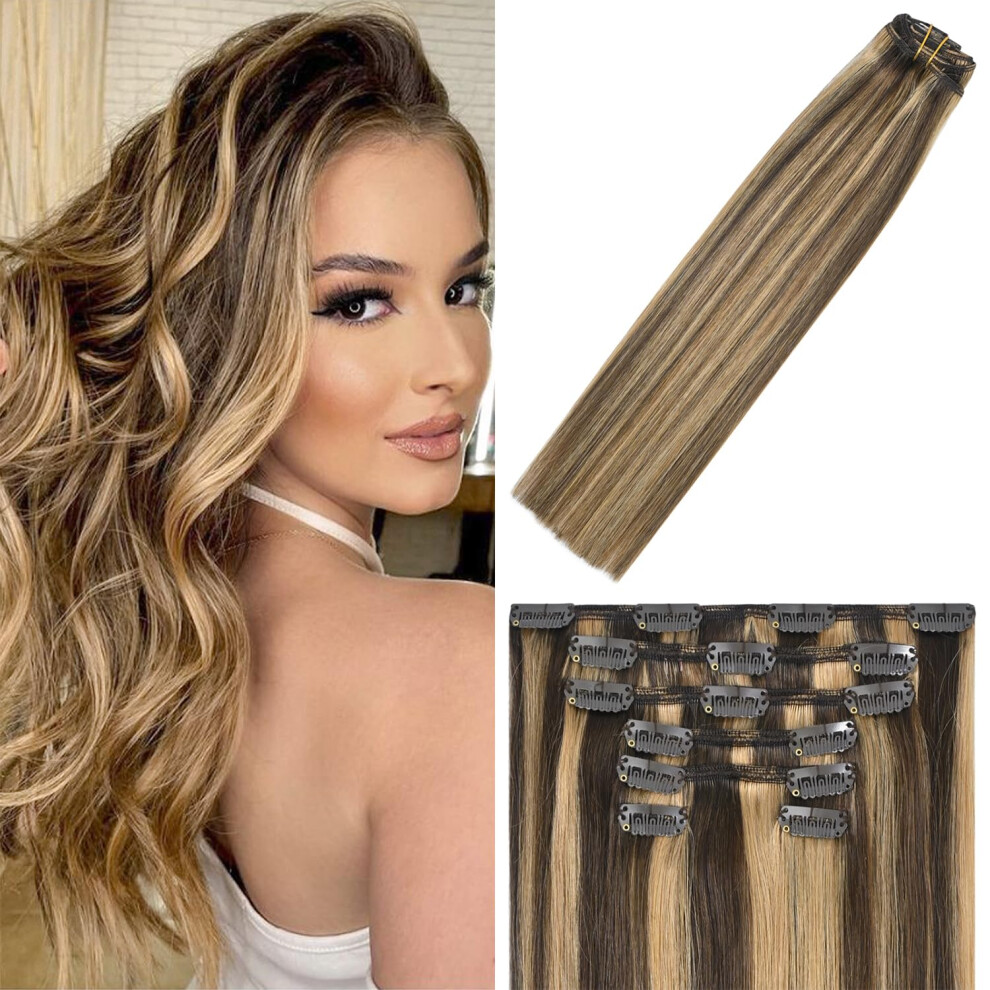 Windtouch Clip In Hair Extensions Balayage Chocolate Brown To Dark Blonde 12Inch 75G Human Hair 7Pcs #4P27