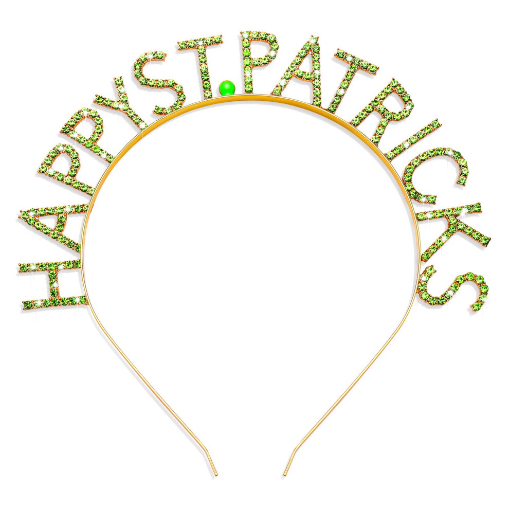 Zitulry Unisex Green St Patrick's Day Headband Rhinestone Happy St.patricks Letter Hairband Irish Lucky Clover Headpiece Crystal Shamrock