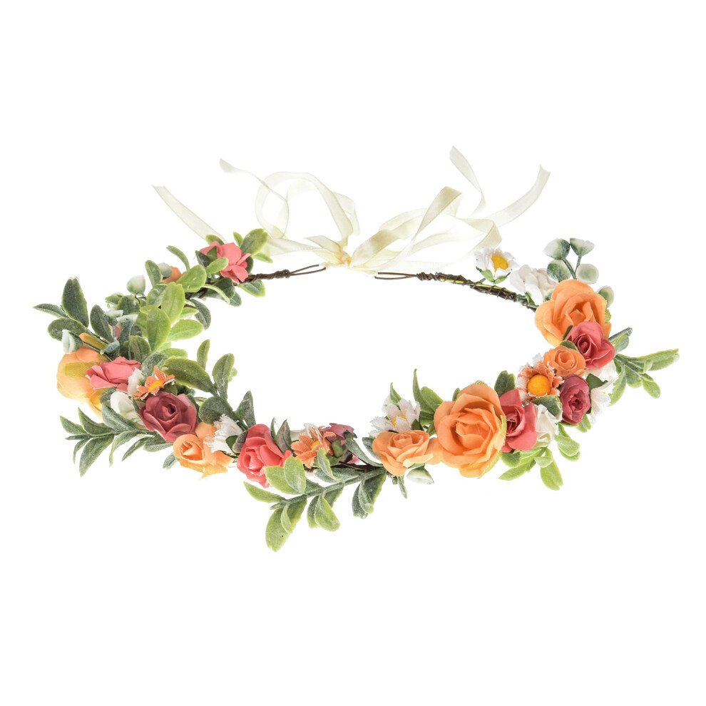 Love Sweety Greenery Flower Headband Boho Leaf Hair Wreath Bridal Wedding Headpiece Maternity Floral Crown(White Pink Orange)