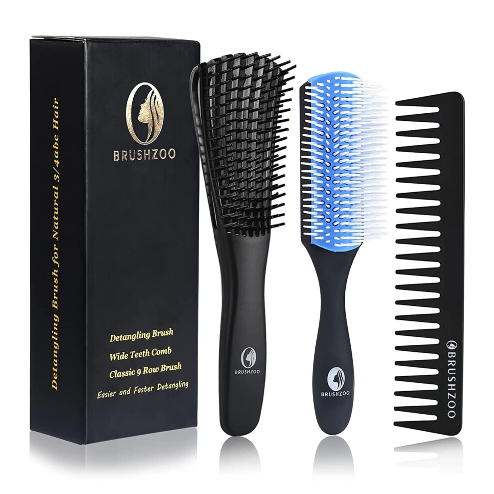 O BRUSHZOO Detangler Brush for Curly Hair Hair Brushes for Women Men or Kids Black Natural Hair Detangling Brush for Natural 3/4abc Wet Dry Hair (Bl
