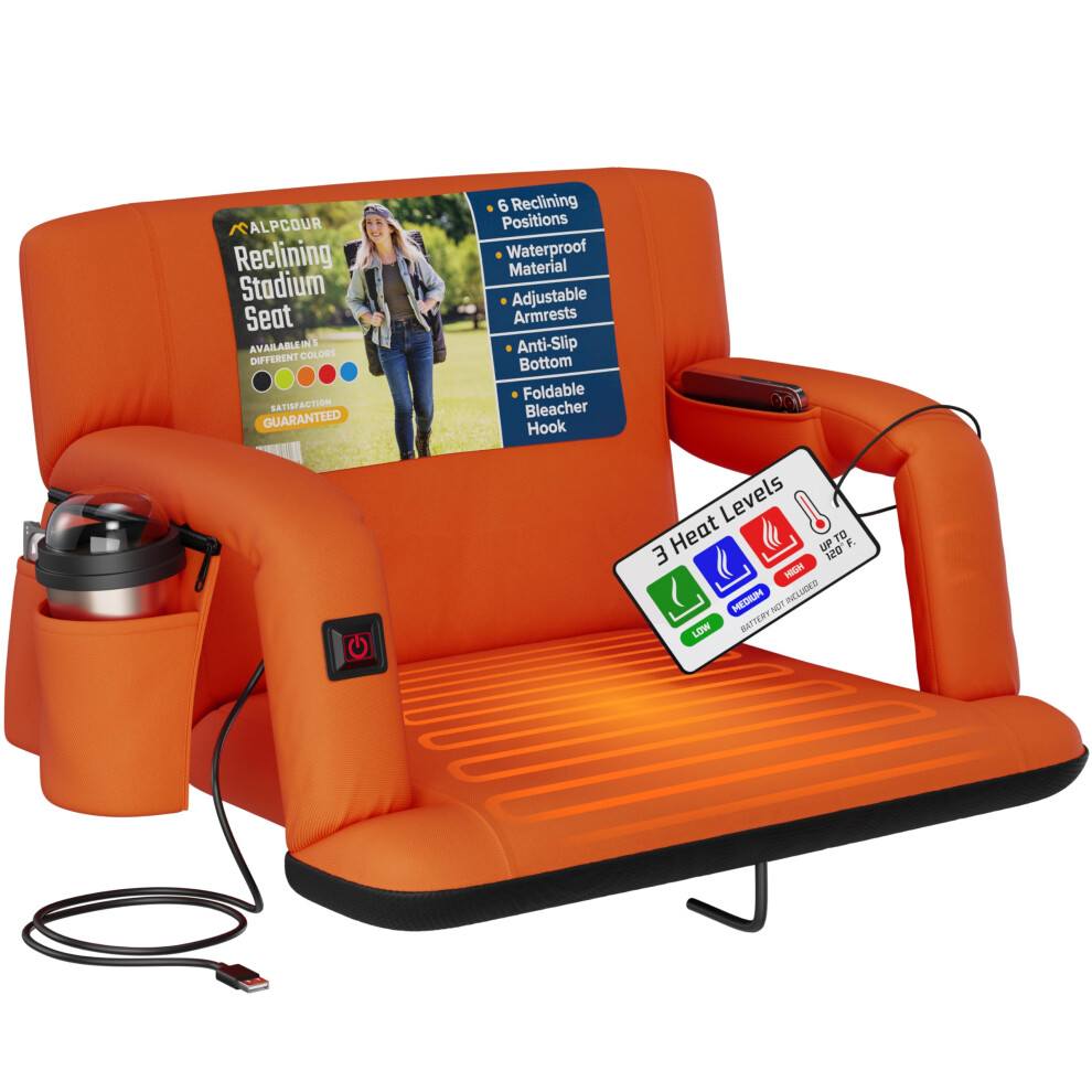 Alpcour Heated Reclining Stadium Seat for Bleachers - Wide Bleacher Chair with Back Support and Cushion Armrests Side Pockets & Hook - Stadium Seat