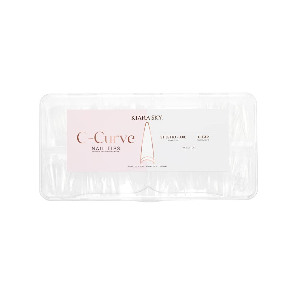 Kiara Sky Nail Tips | C Curve Stiletto Clear | 500 Pieces | Xxl Length | 10 Sizes