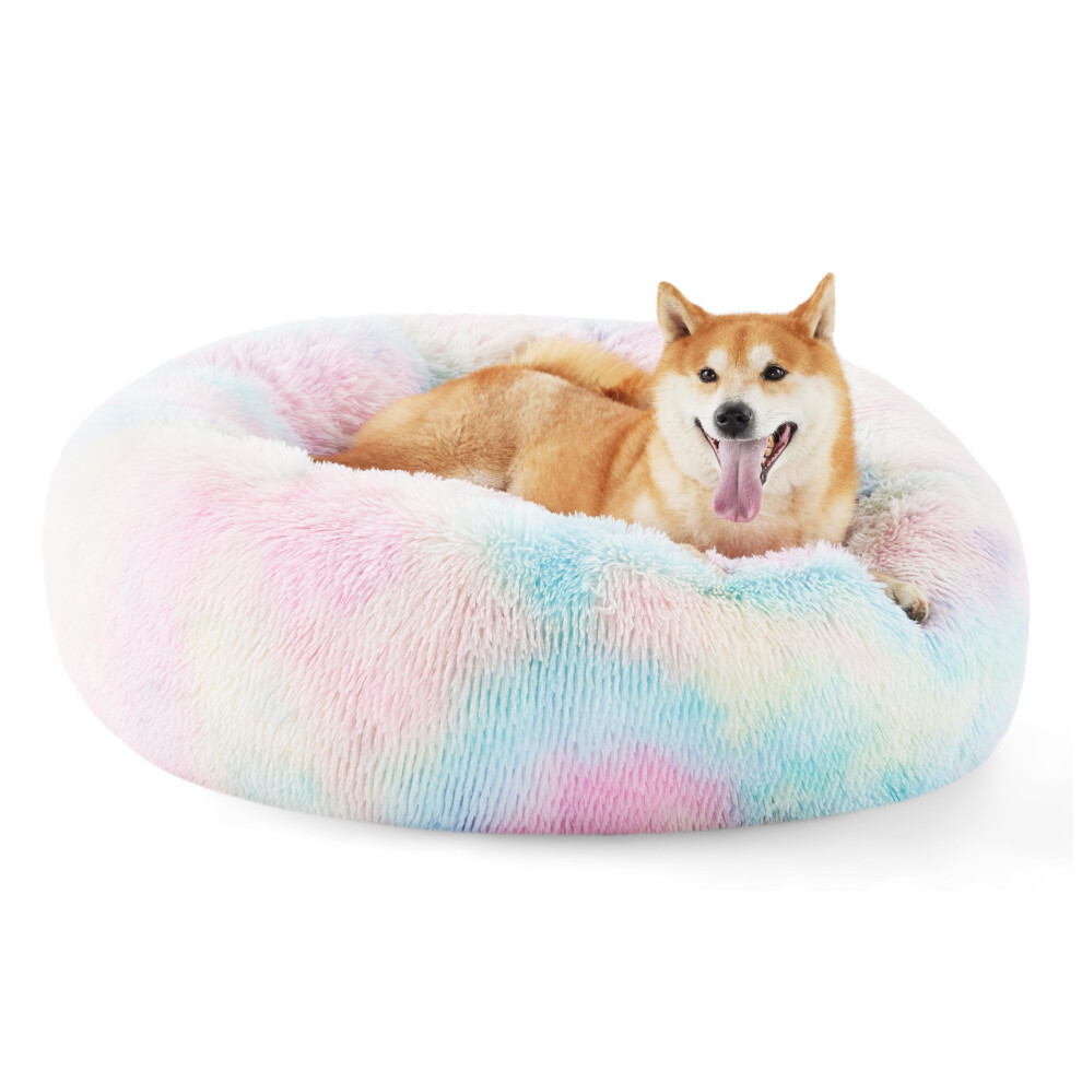 Bedsure Calming Dog Bed for Medium Dogs - Donut Washable Medium Pet Bed Anti-Slip Round Fluffy Plush Faux Fur Cat Bed Fits up to 45 lbs Pets Multi-