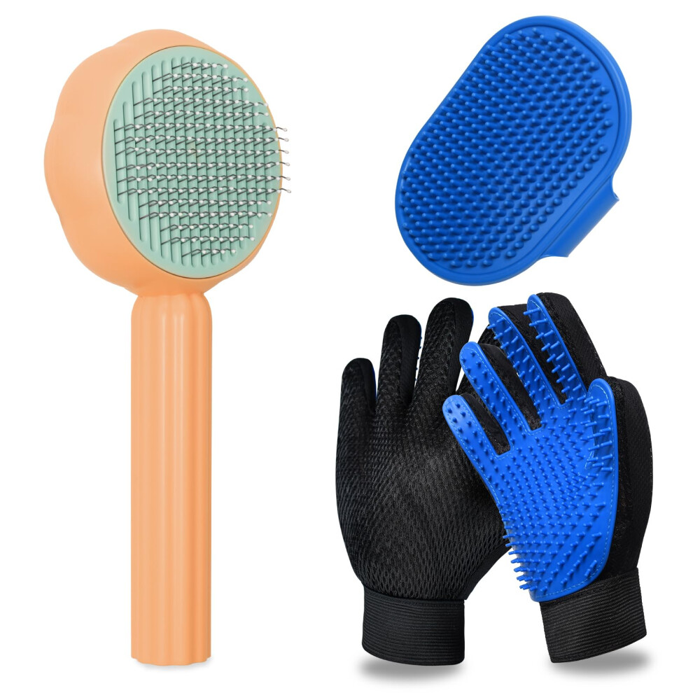 GJEASE Cat Grooming Glove Brush Self-Cleaning Slicker Pet Brush for Short and Long Haired Pets Dog Bath Brush for Shedding and Grooming Removes Loose