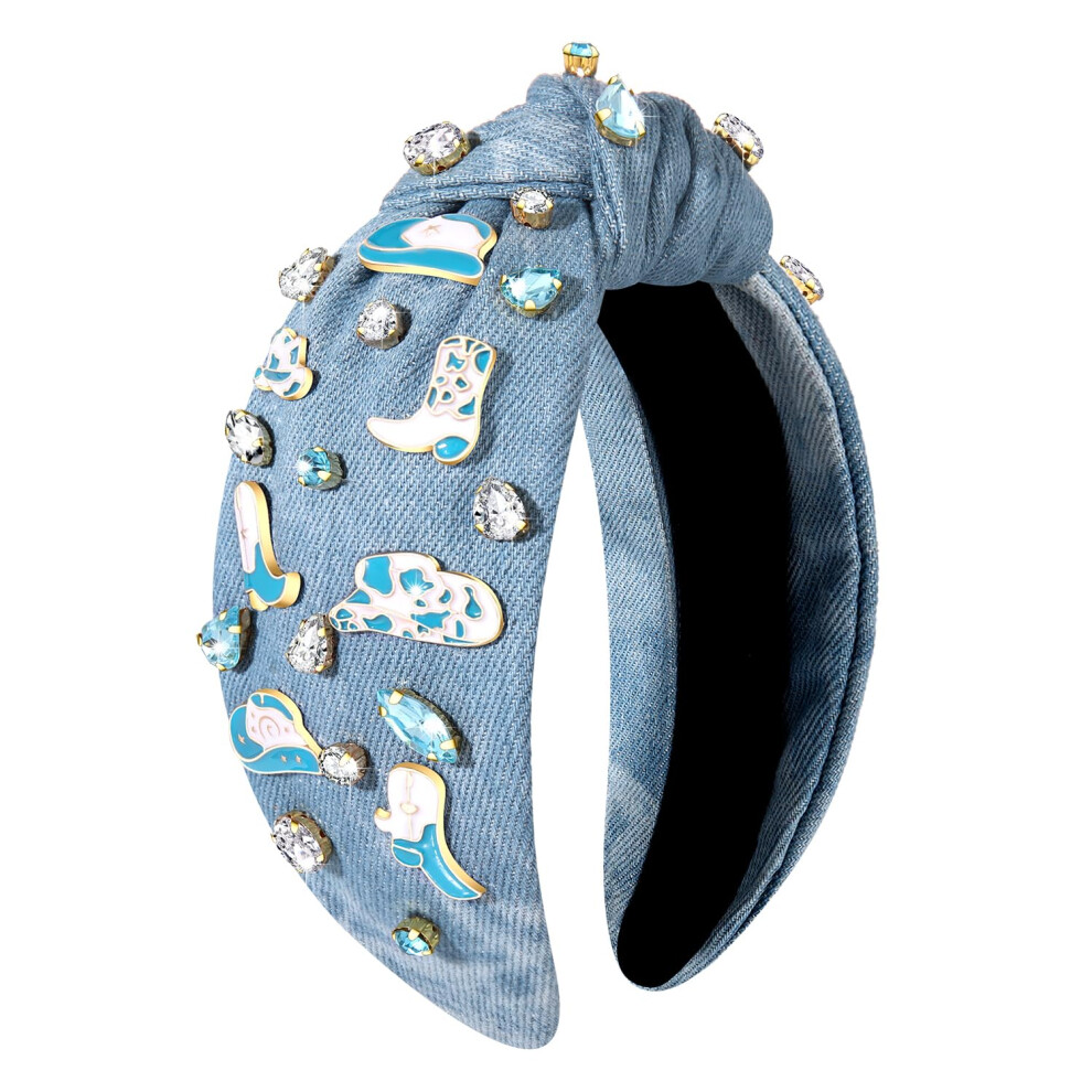 Moloch Unisex Western Headband Cowgirl Headband For Women Cowboy Boot Hat Stars Knotted Headband Crystal Jeweled Top Knot Hairband Western Country Concert Ha