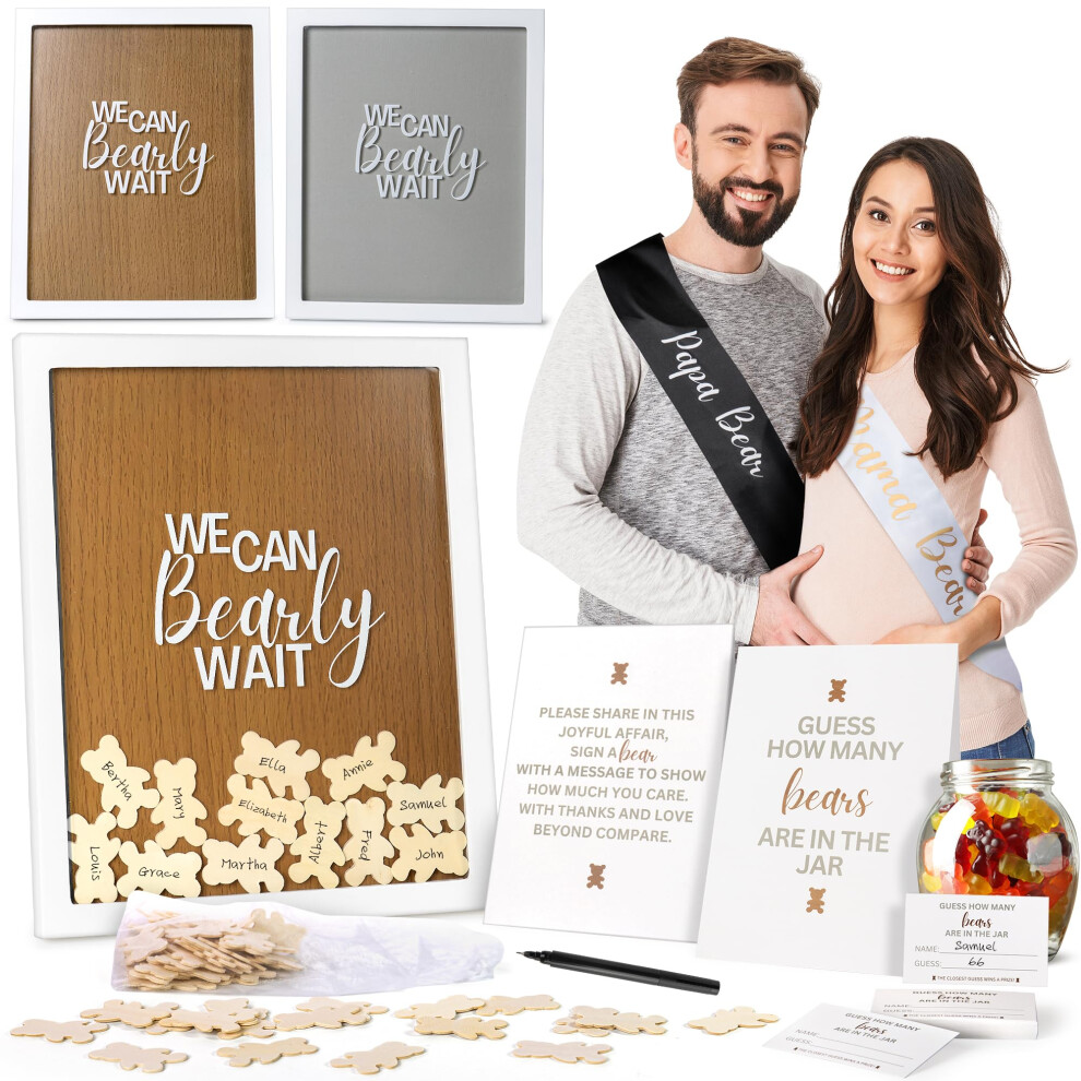 Baby Shower Book Alternatives 109 Pieces Set With Wooden Bears Maman Papa To Be Sashes Give Give - Unisexe Gender Revel Et Grossesse Annoncememe-image