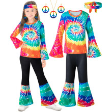 IWALUE 60s 70s Outfits Hippie Kid Girls Costume Set Disco Rainbow Boho Calas largas Conjunto de acessrios (arco-ris 9-10 anos)