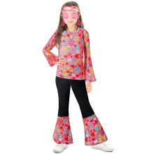 IWALUE 60s 70s Outfits Hippie Kid Girls Costume Set Disco Stylish Boho Flared Pants Conjunto de acessrios (rosa 11-12 anos)
