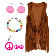 IWALUE 60s 70s Outfits Hippie Costume Set Kid Girls Franja Borla Colete com Brinco Tiara culos (Marrom 8-10 Anos)