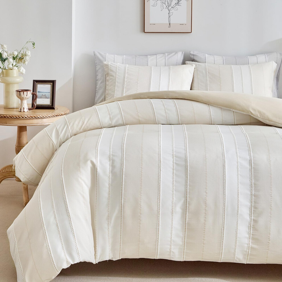 WARMDERN Khaki Striped Weave Duvet Cover King Size White Knit Boho Duvet Cover Set Microfiber Textured Bedding Set with Zipper Closure and Corner Ti
