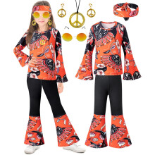 IWALUE 60s 70s Outfits Hippie Kid Girls Costume Set Disco Boho Calas largas Conjunto de acessrios (vermelho 9-10 anos)