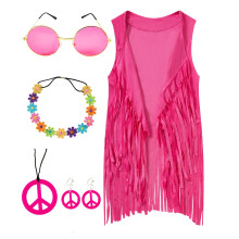 IWALUE 60s 70s Outfits Hippie Costume Set Kid Girls Franja Borla Colete com Brinco Tiara culos (Rosa 8-10 Anos)