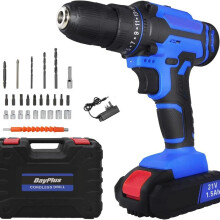 (Blue-1 Battery) DayPlus Cordless Drill Driver Screwdriver 3/8 Inch Chuck 1500mAh Li-ion Battery and Charger, 45N.m, 25+1 Torque, 2 Variable Speed, LED Light