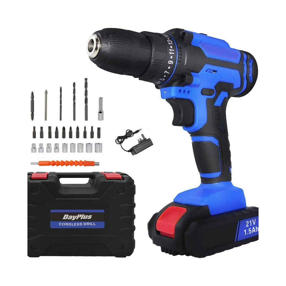 (Blue-1 Battery) Dayplus Cordless Drill Driver Screwdriver 3/8 Inch Chuck 1500Mah Li-Ion Battery And Charger, 45N.m, 25+1 Torque, 2 Variable Speed, Le 4761048888598
