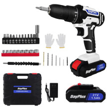 (White-2 Batteries) DayPlus Cordless Drill Driver Screwdriver 3/8 Inch Chuck 1500mAh Li-ion Battery and Charger, 45N.m, 25+1 Torque, 2 Variable Speed, LED Light