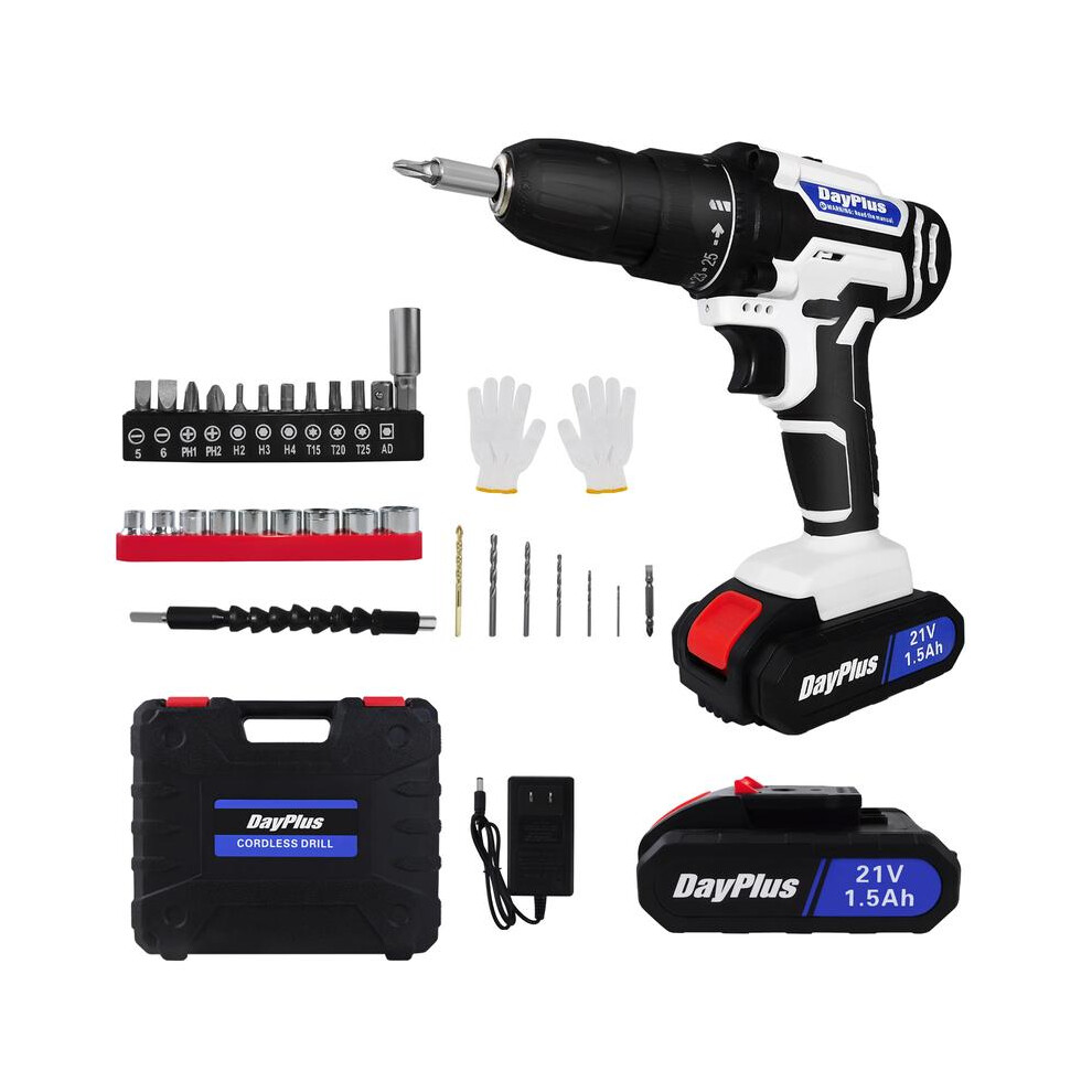 (White-2 Batteries) Dayplus Cordless Drill Driver Screwdriver 3/8 Inch Chuck 1500Mah Li-Ion Battery And Charger, 45N.m, 25+1 Torque, 2 Variable Speed, 4761048888628