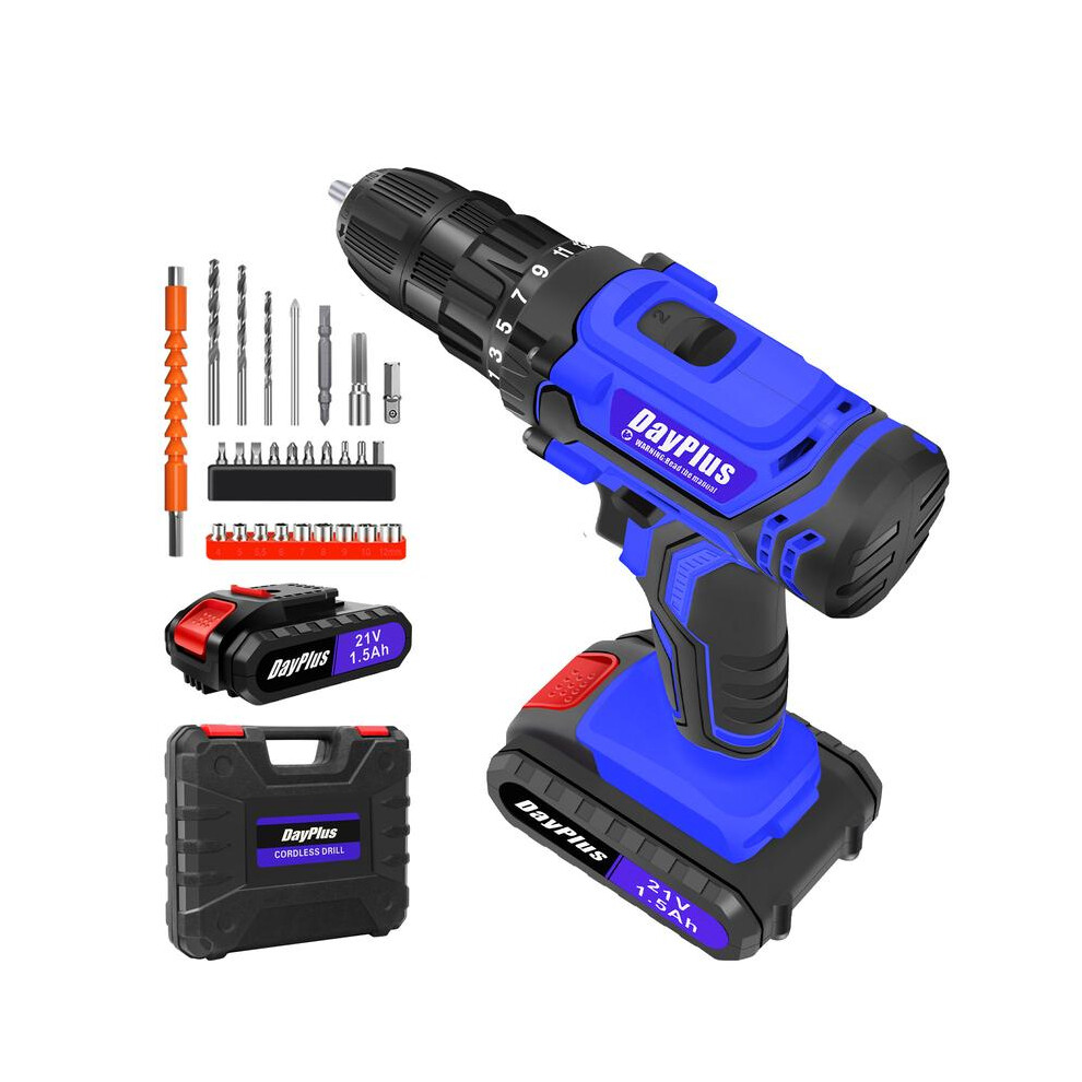 (Blue-2 Batteries) Dayplus Cordless Drill Driver Screwdriver 3/8 Inch Chuck 1500Mah Li-Ion Battery And Charger, 45N.m, 25+1 Torque, 2 Variable Speed, 4761048888604