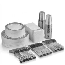 (Silver) Premium Dinnerware Set for 25 Guests |25 Dinner Plates |25 Salad Plates|25 Knives|25 Forks |25 Spoons |25 Cups |25 Tissue