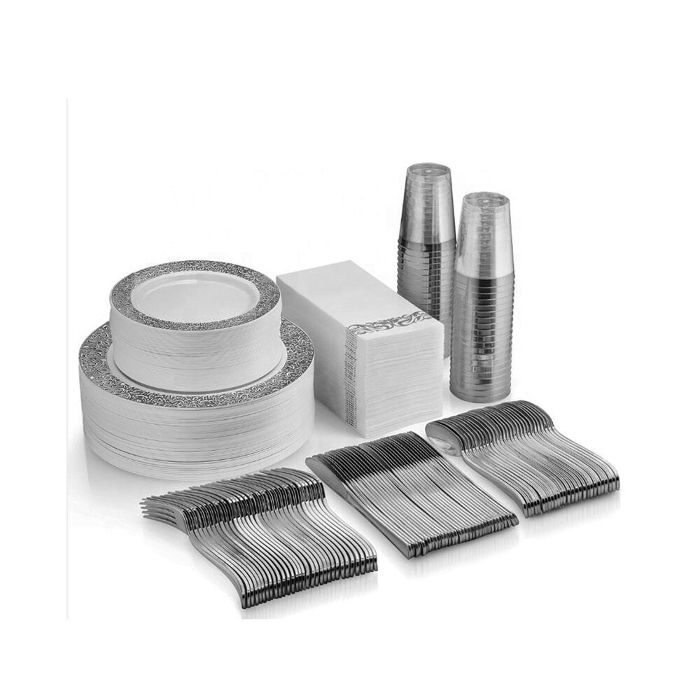 (Silver) Premium Dinnerware Set For 25 Guests |25 Dinner Plates |25 Salad Plates|25 Knives|25 Forks |25 Spoons |25 Cups |25 Tissue Silver