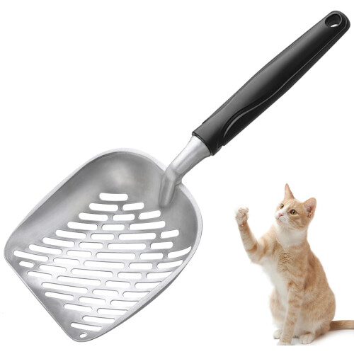 Kattenbak, schep, metaal, 2 stuks, kattenschep, roestvrij staal, voor kattenbak, huisdierenschep, doorwerpzeef, antislip handgreep voor alle kattenbakvulling, aarde, zand, stenen, compost, tuingrond