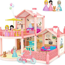 (TK-DH-9) deAO Doll houses  DIY 3D My first Dolls house, Kids Blue Portable Dollhouse Large Three Story Castle Dolls House Playset With Furniture