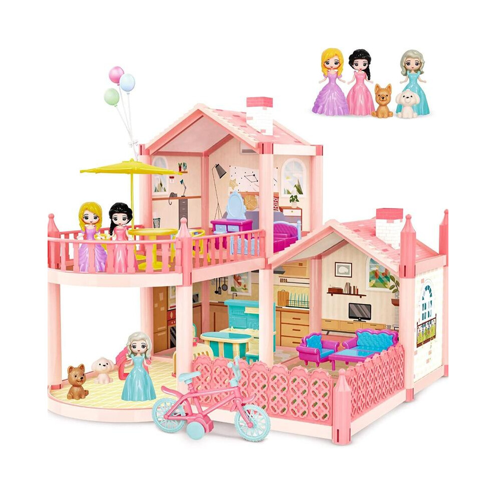 (Tk-Dh-9) Deao Doll Houses Diy 3D My First Dolls House, Kids Portable Dollhouse Large Three Story Castle Dolls House Playset With Furniture Blue